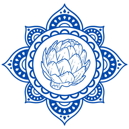 logo de thalassa yoga: una alcachofa en el centro de un mandala. Todo en color azul oscuro pastel